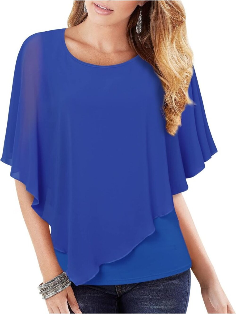 Women's Royal Blue Elegant Lightweight Flowy Shirt Double Layered Printed Top